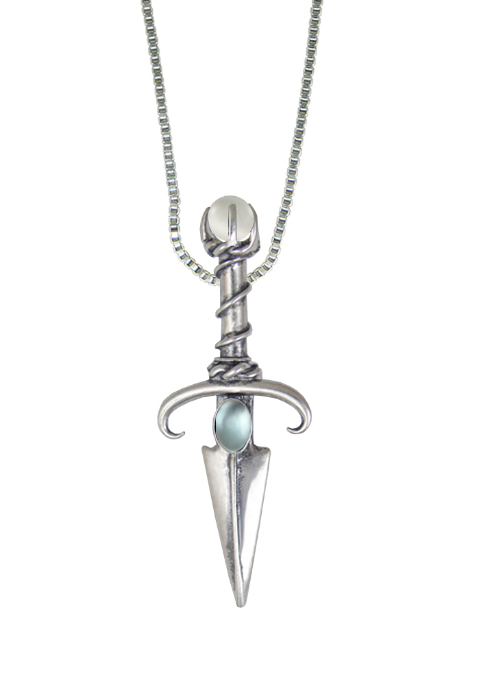 Sterling Silver Black Prince's Knife Dagger Pendant With Blue Topaz And a Clear Glass Bead